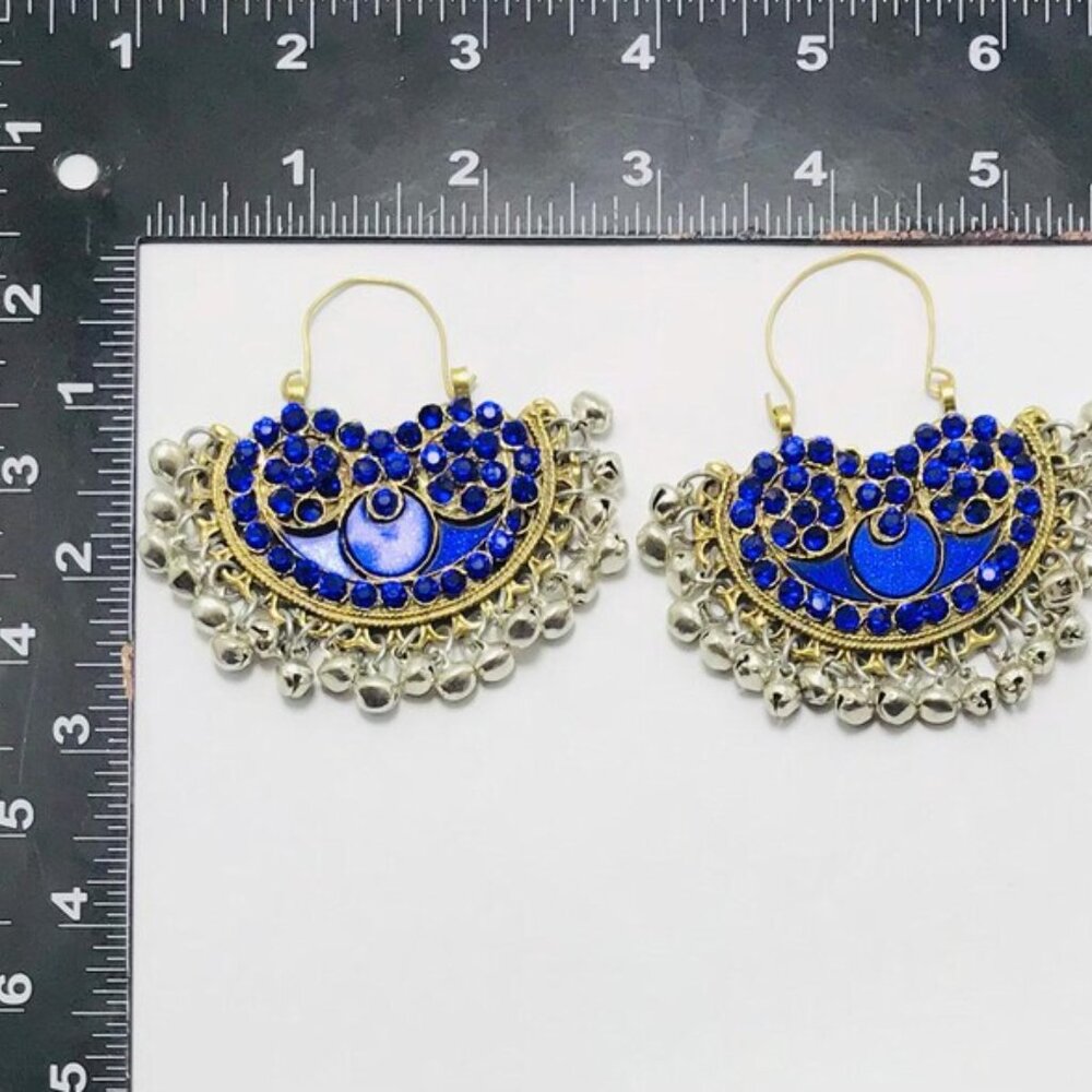 Blue Glass Stone Chandbali Earrings: Silver Kuchi Tribal Bell Hoops - Picture 3 of 6